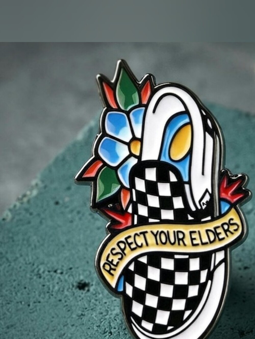 "Respect Your Elders" Checkered Slip On Shoe Enamel Pin Retro Skate Tattoo Style